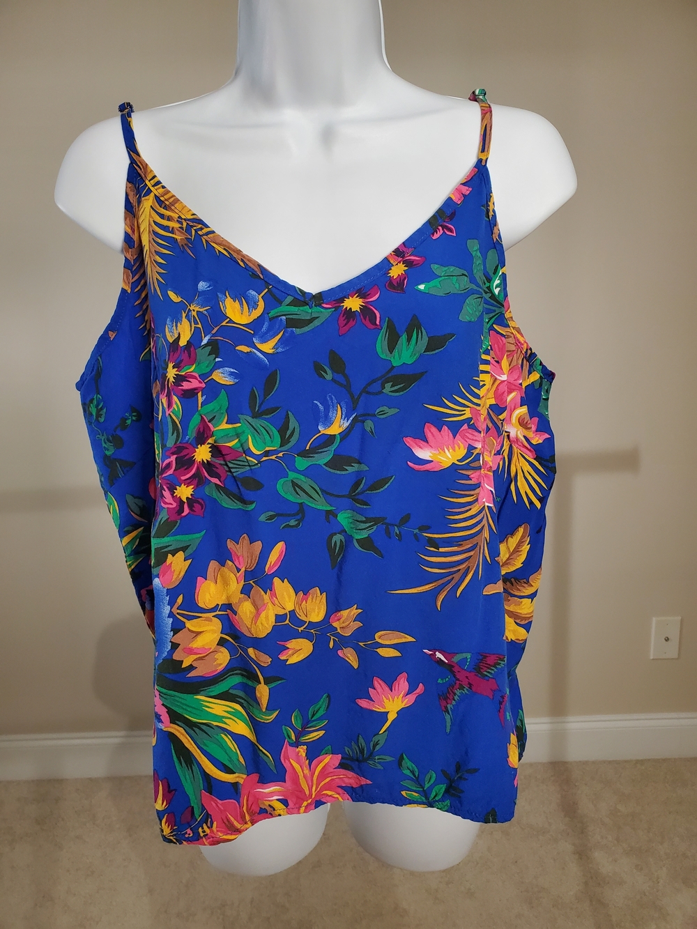 Cynthia Rowley Tropical Floral V-Neck Cami Tank Top Blue XL